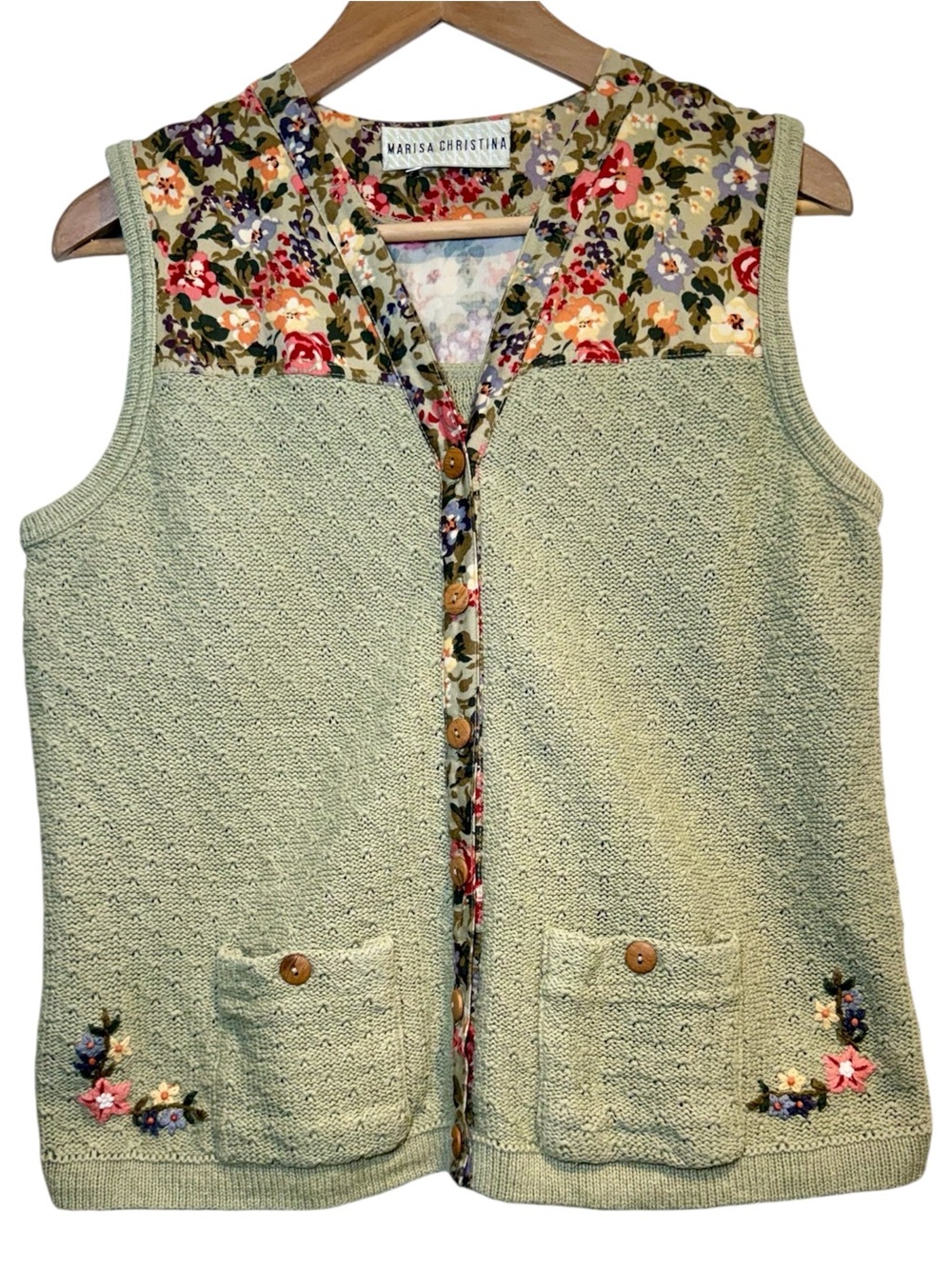 Vintage Marisa Christina Embroidered Knit Sweater Vest Large Floral Cardigan